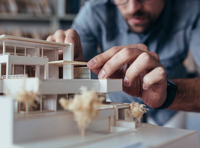 Close up of male architect hands making model house. Man architect working in the office.